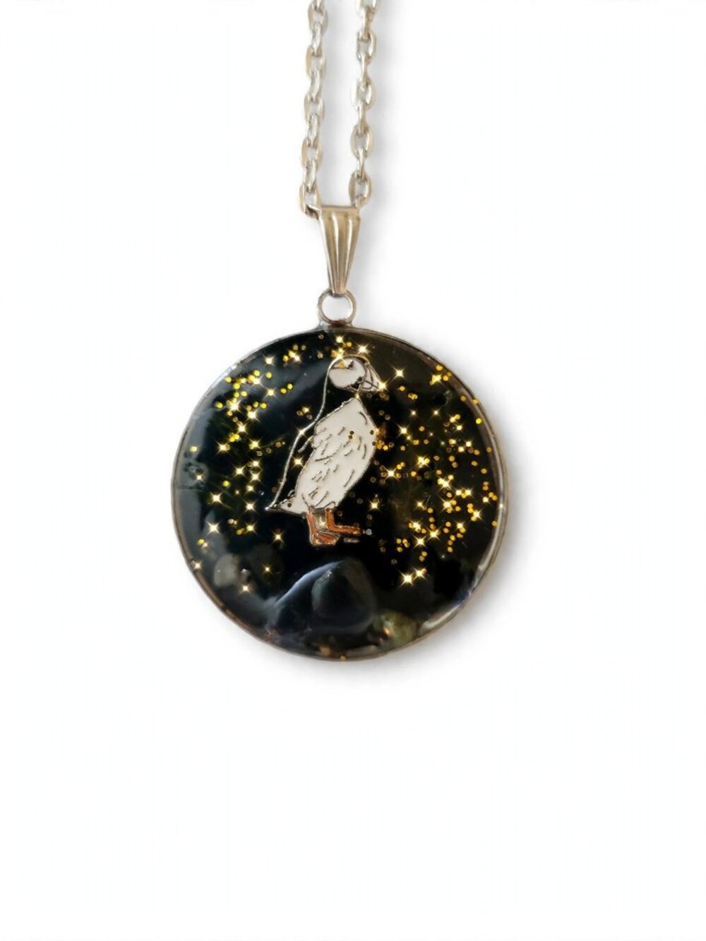 Puffin Pendant Necklace Black Resin Gold Glitter Handmade Newfoundland